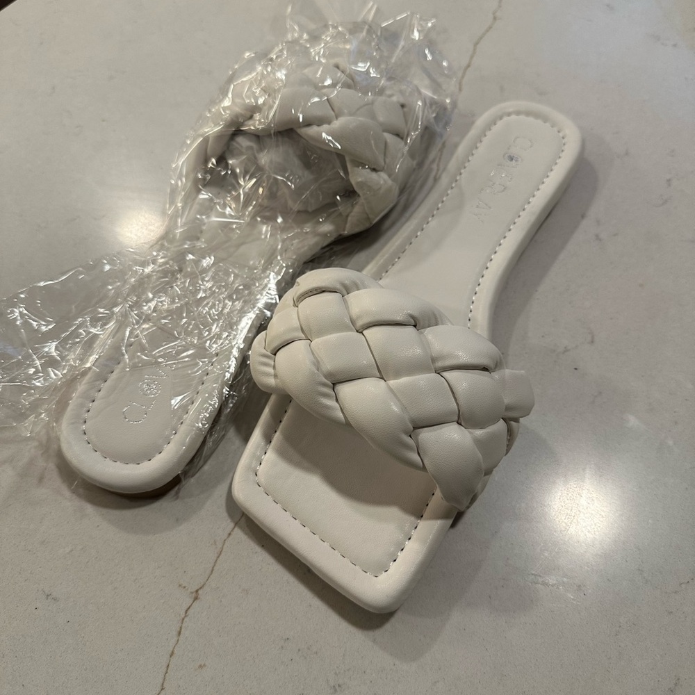 White Braided Women's Square Toe Sandals